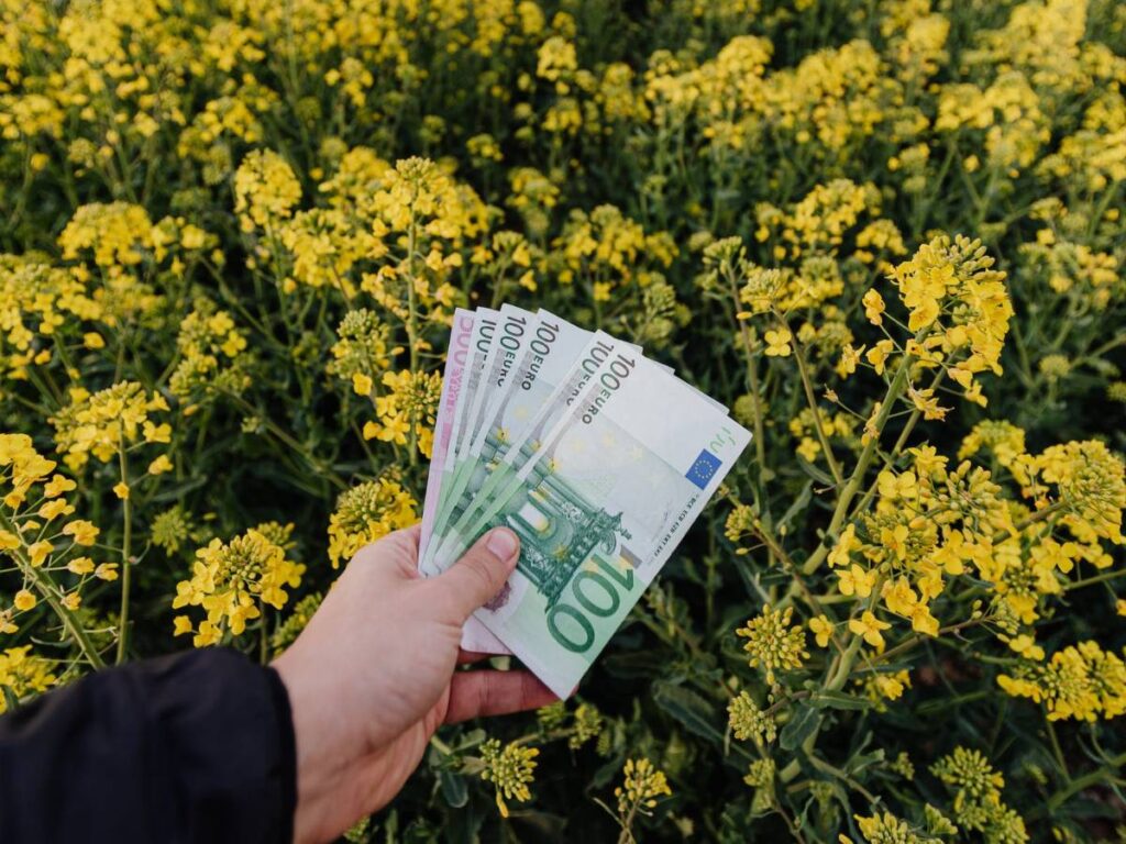 Unrecognizable man with money on field