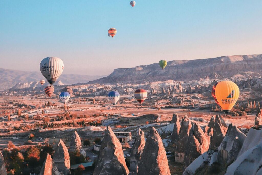 Hot air balloon flying in cloudless sky